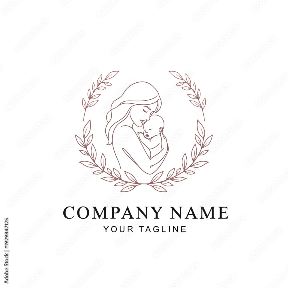 Fototapeta premium Mother holding baby in a laurel wreath logo design template.