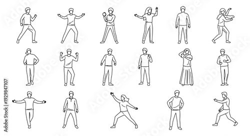 people practicing various martial arts poses and movements in different stances