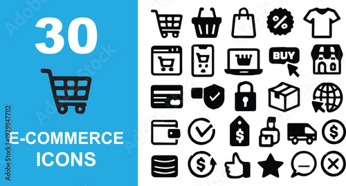 Set of vector shopping icons and business symbols featuring a shopping cart, store bag, gift box, and sale price label for web design and retail buy button illustrations