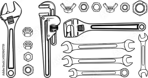 Adjustable wrench and pipe wrench vector set with nuts and spanner tools for mechanical and plumbing repairs
