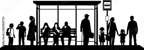 Children and adults waiting at bus stops silhouette vector illustration isolated on white background
