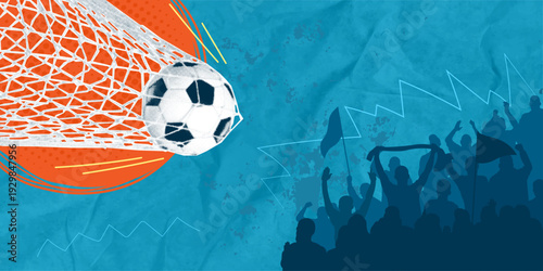 A trendy halftone pop art collage. A soccer ball hits the net during a match, the fans cheer. The atmosphere is tense as fans support their teams.