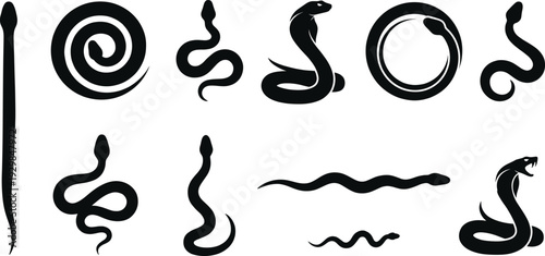 Black snake silhouette set, cobra icons, serpent vectors, rattlesnake shapes, viper graphics, wildlife illustrations, minimalist nature silhouettes, predator outlines, coiled snake designs, isolated