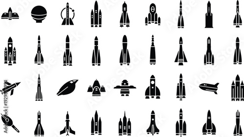 Collection of modern rocket and spacecraft icons in black