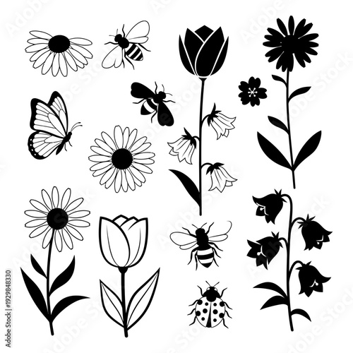 Floral Serenade: A delicate and intricately designed array of flowers, butterflies, bees, and other insects bloom, offering a perfect representation of the elegance of nature's beauty and serenity. 