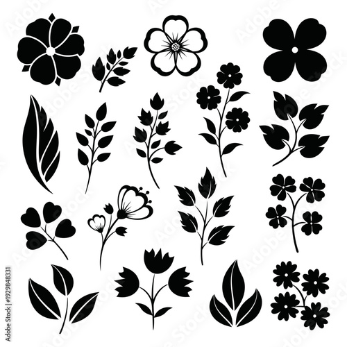 Floral Silhouette Collection: A collection of exquisite floral silhouette designs, showcasing intricate details and various flower and leaf arrangements, perfect for creative projects.