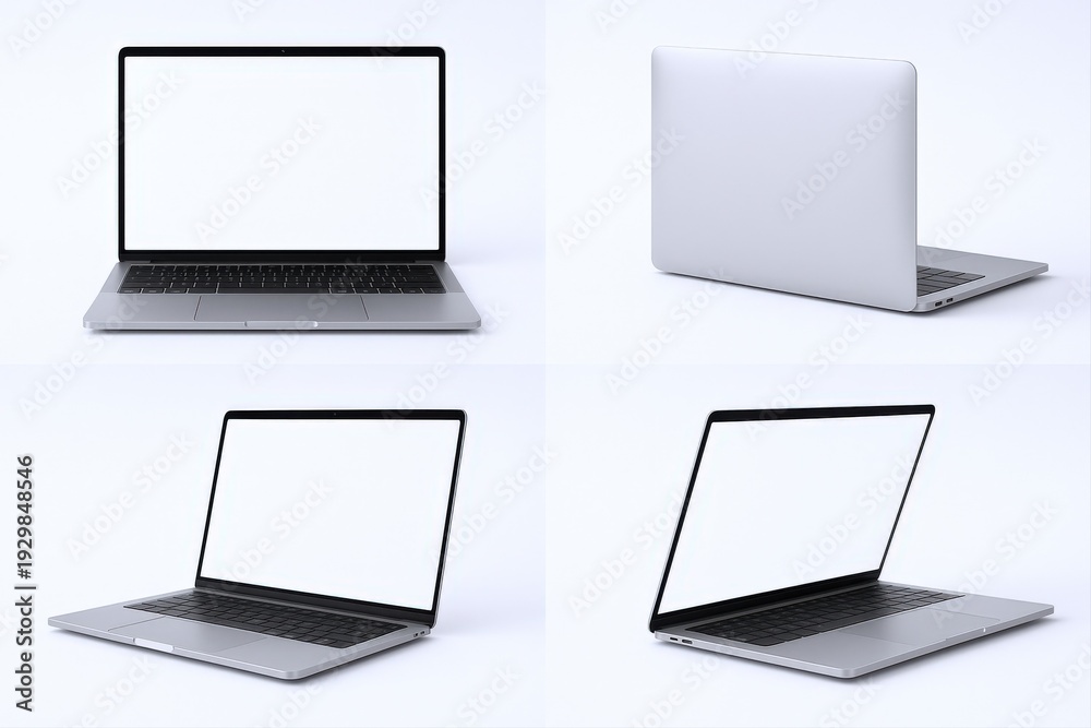 Fototapeta premium Laptop Mockup Set: Modern Silver Computer Display, Front, Back, and Angled Views for UI/UX Design