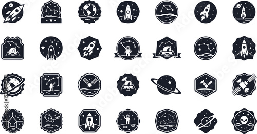 Set of modern space icons with rockets and planets