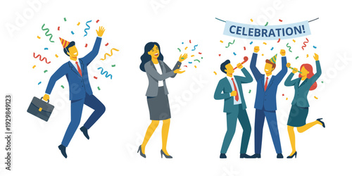 Business colleagues celebrating a promotion or company success, enjoying a corporate event with enthusiastic expressions and festive decorations