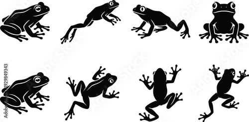 Frog silhouette set, jumping toad icons, pond wildlife vectors, amphibian shapes, tropical nature graphics, aquatic animal symbols, wetland creature outlines, isolated, collection