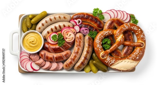Wallpaper Mural Assorted sausages and pretzel platter with mustard, radishes, and pickles on white tray Torontodigital.ca