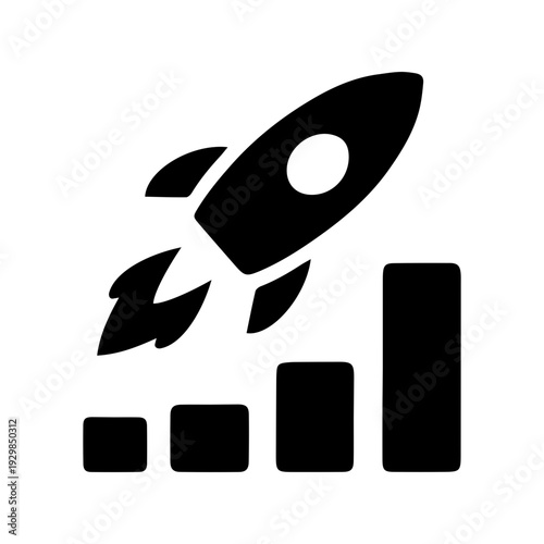 Rocket launching over growing bar chart icon for business success and startup growth