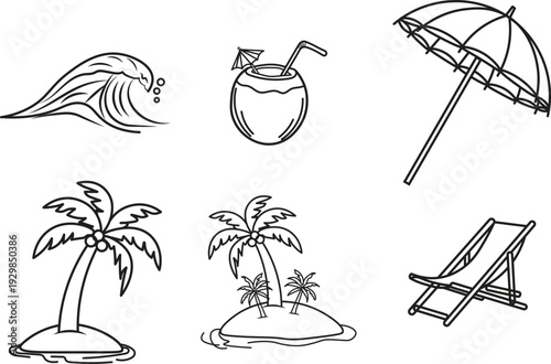 Simple Summer Travel Icons, Tropical Island and Beach Objects Line Art Bundle