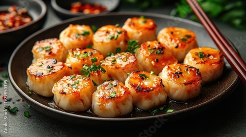 Close up of fresh Chinese dim sum asian dumplings with chopsticks