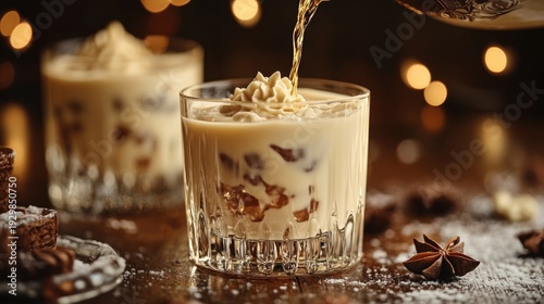 Close up of irish cream whiskey liqueur cocktail being poured into a glass.