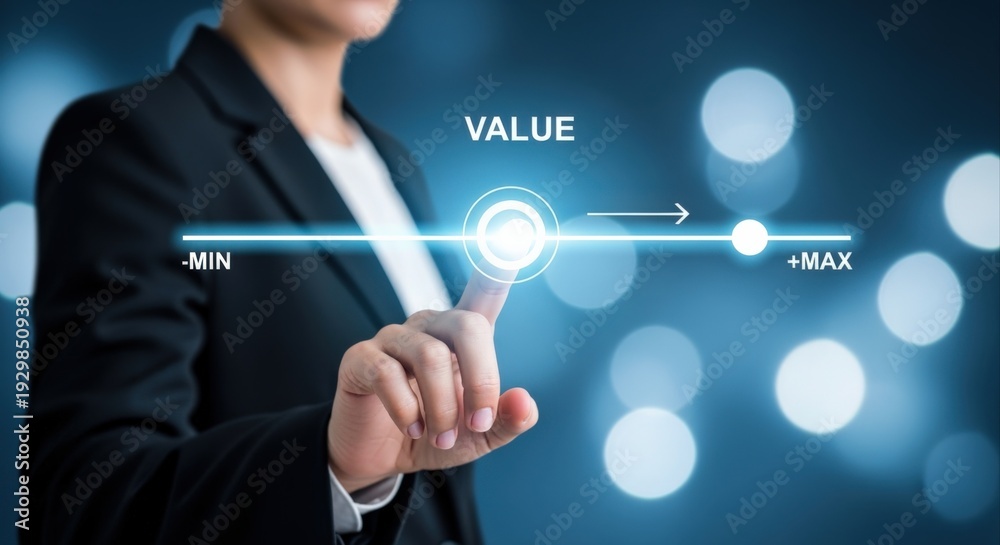 Obraz premium Woman adjusts a value slider interface, maximizing opportunity, increasing worth, and optimizing performance