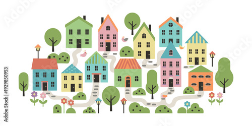 Vibrant town illustration with a street of colorful houses, winding paths, green trees, lush bushes, and blooming flowers