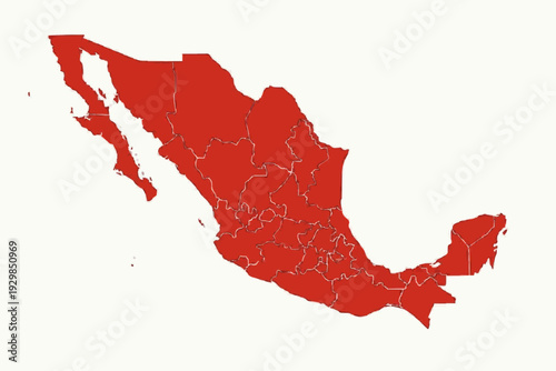 Mexico Map Red Vector Silhouette Administrative State Divisions