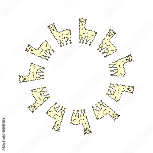 Cute round frame with doodle lamas isolated on white background.