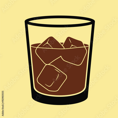 Glass of Brown Liquid with Ice Cubes.