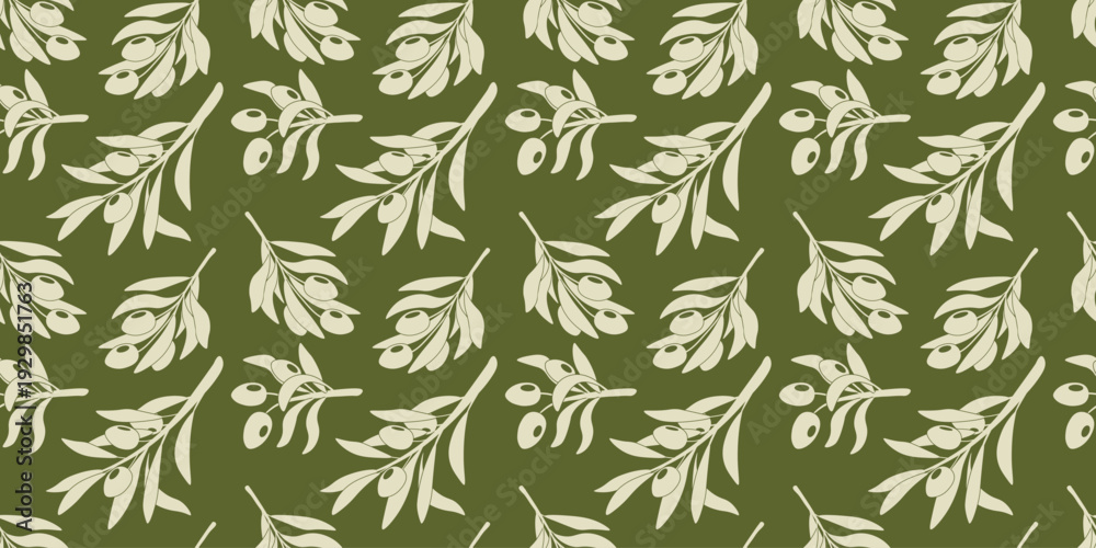 Fototapeta premium Seamless repeating pattern of olive branches with olives and leaves in light silhouette style on dark green background.