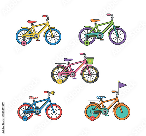 Collection of vibrant kids' bikes, some with safety wheels, symbolizing active childhood, learning, and outdoor recreation