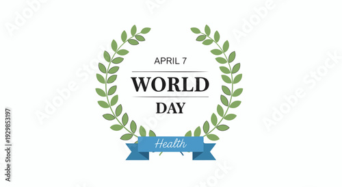 World health day april 7th laurel wreath illustration with blue ribbon