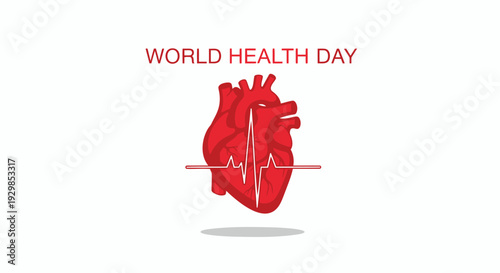 World health day illustration with a red heart and ecg line on white background