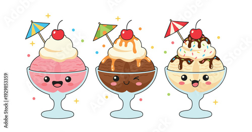 Adorable cartoon ice cream sundaes with cheerful faces, decorative umbrellas, and toppings, celebrating sweet treats and summer