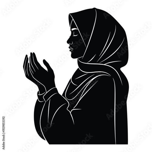 Silhouette of a Muslim woman in hijab praying, vector illustration