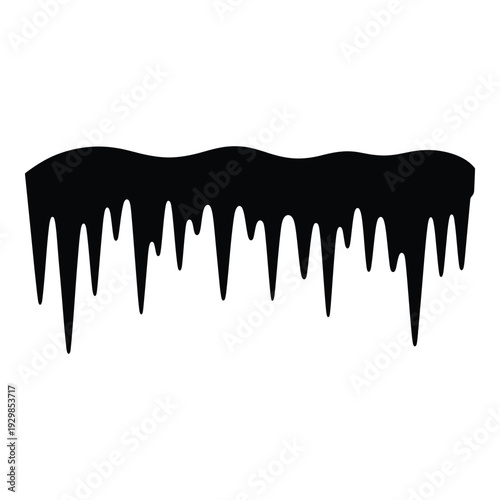 Melting icicles dripping, black and white winter graphic illustration
