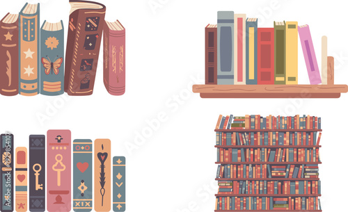 Vintage, decorative, books, collection, on, bookshelf, library, literature, reading, education, antique, textbook, knowledge, learning, classic, bookcase, illustration, academic, design, vector