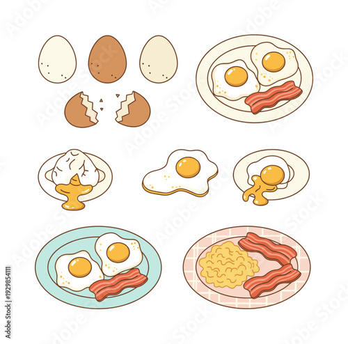 Collection of egg illustrations showing different preparation methods for breakfast meals, including whole, cracked, fried, and scrambled eggs with bacon