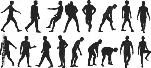 Walking, people, silhouettes, collection, human, poses, movement, action, male, figure, steps, motion, isolated, lifestyle, activity, posture, black, vector, illustration, set