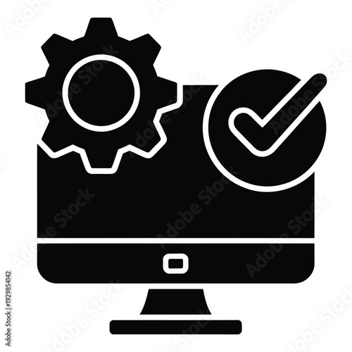 Computer with gear and checkmark icon, representing successful process or configuration