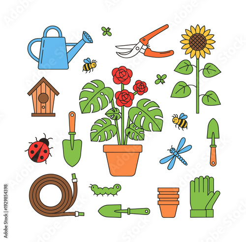 Gardening concept showing various equipment, planted flowers, a sunflower, a birdhouse, and small insects