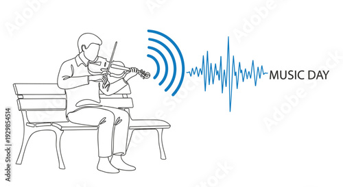 Vector illustration of man playing violin on bench for Music Day