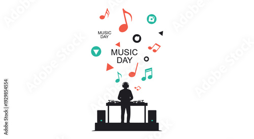 Vector illustration of DJ on stage with music symbols
