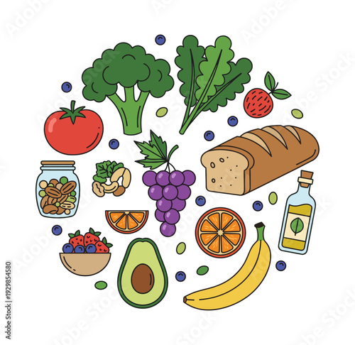 Fresh healthy ingredients forming a circle, representing a balanced diet and nutritional eating for a healthy lifestyle