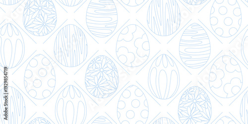 Rhombic tiles with Easter egg motifs. Light blue outline on a white background seamless pattern