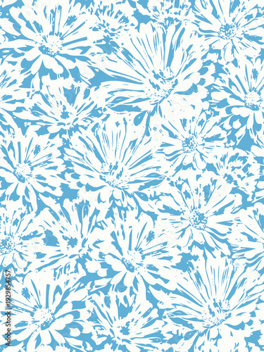 Seamless blue and grey floral background wiith flowers. Minimal abstract organic shapes pattern. Vector blue abstact pattern with grey flowers