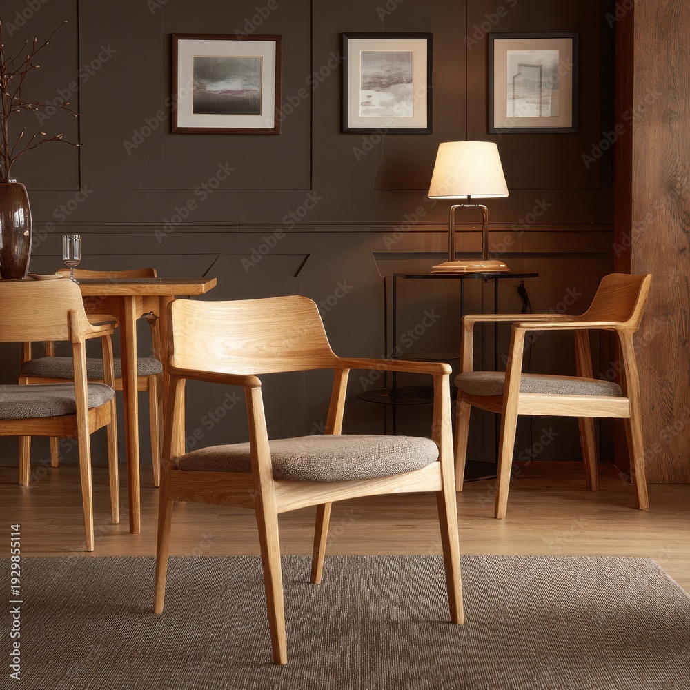 Obraz premium Modern Minimalist Dining Room - Natural Wood Chairs, Warm Lighting, and Elegant Interior Design.