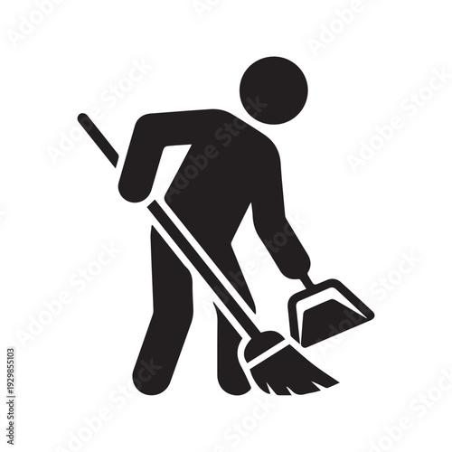 Cleaner sweeping floor silhouette icon. Janitor with broom and dustpan symbol vector. Cleaning service pictogram.
