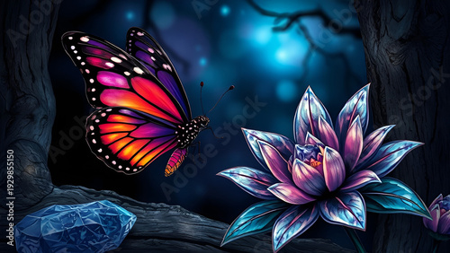 Flamboyant butterfly, crystal flower, mystic background and a marble