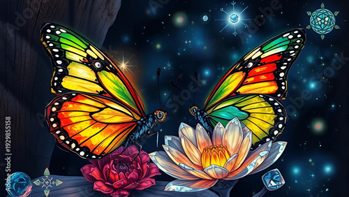 Flamboyant butterfly, crystal flower, mystic background and a marble