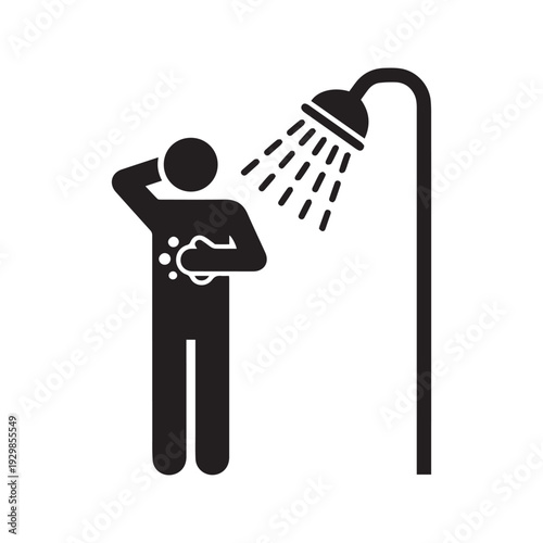 Person taking shower silhouette icon. Man washing body with soap under showerhead vector symbol. Bathing and daily hygiene sign.
