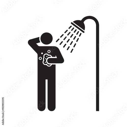 Person taking shower silhouette icon. Man washing body with soap under showerhead vector symbol. Bathing and daily hygiene sign.
