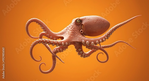 Large pink octopus with curled tentacles on orange gradient background swimming in water  cephalopod marine life