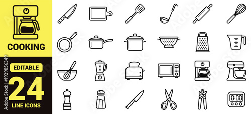 Kitchen tools and appliances icon set with knives, utensils, cookware, graters, peelers, blenders, toasters, coffee makers, and essential kitchen ranking symbols in clean modern line‑art style