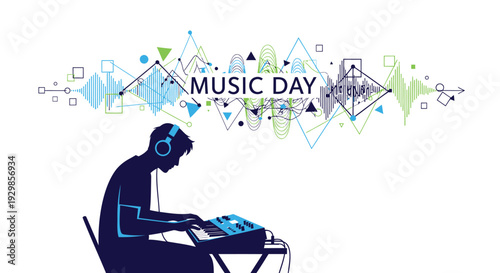 Vector illustration of a person wearing headphones and working on a music mixer on Music Day